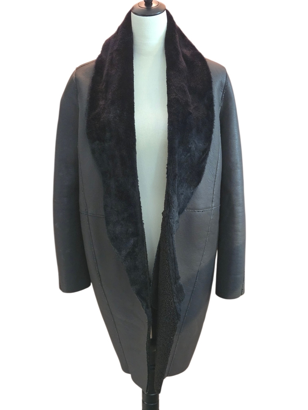 Victor Alfaro Collective Women’s S Black Vegan Leather Faux Fur Open Front Coat